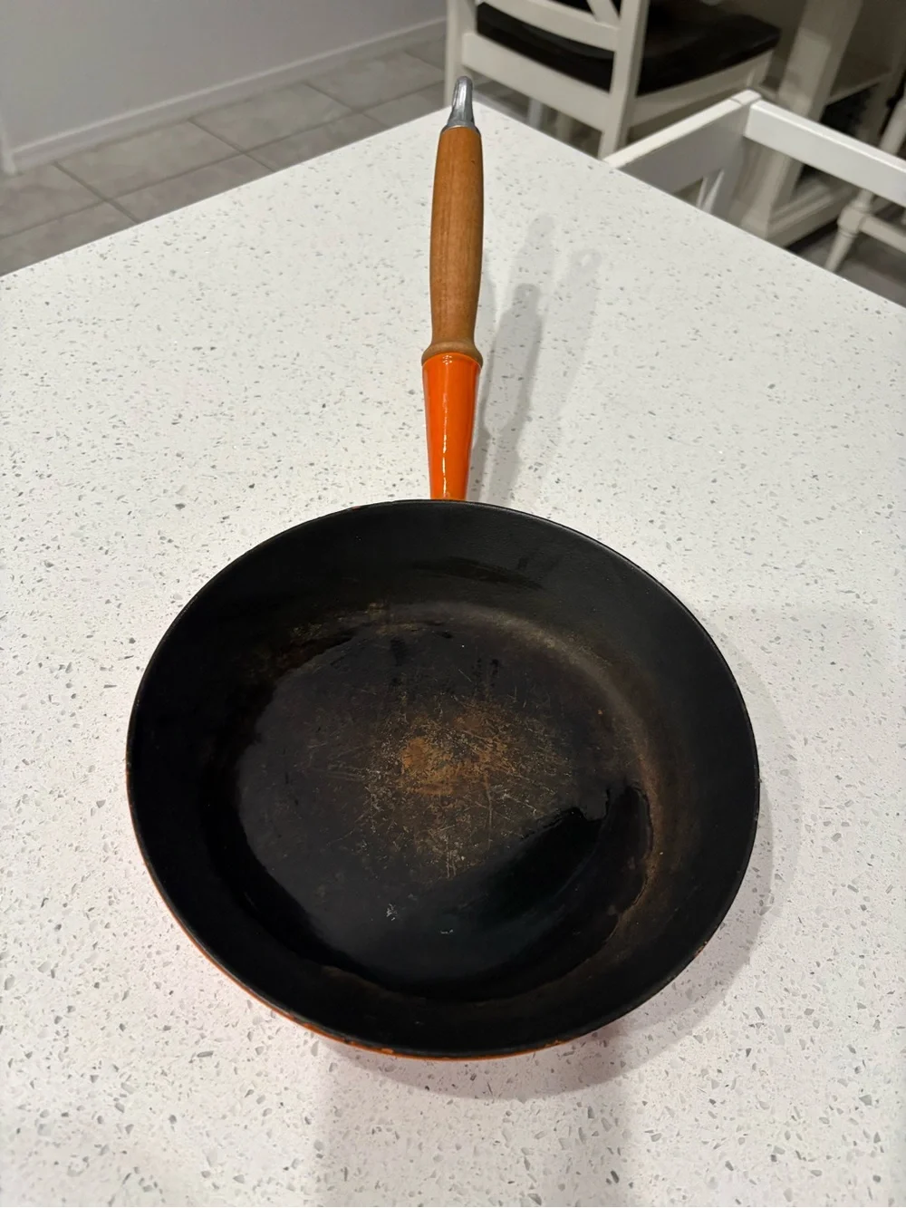 Le Creuset Orange Enameled Cast Iron Skillet with Wooden Handle